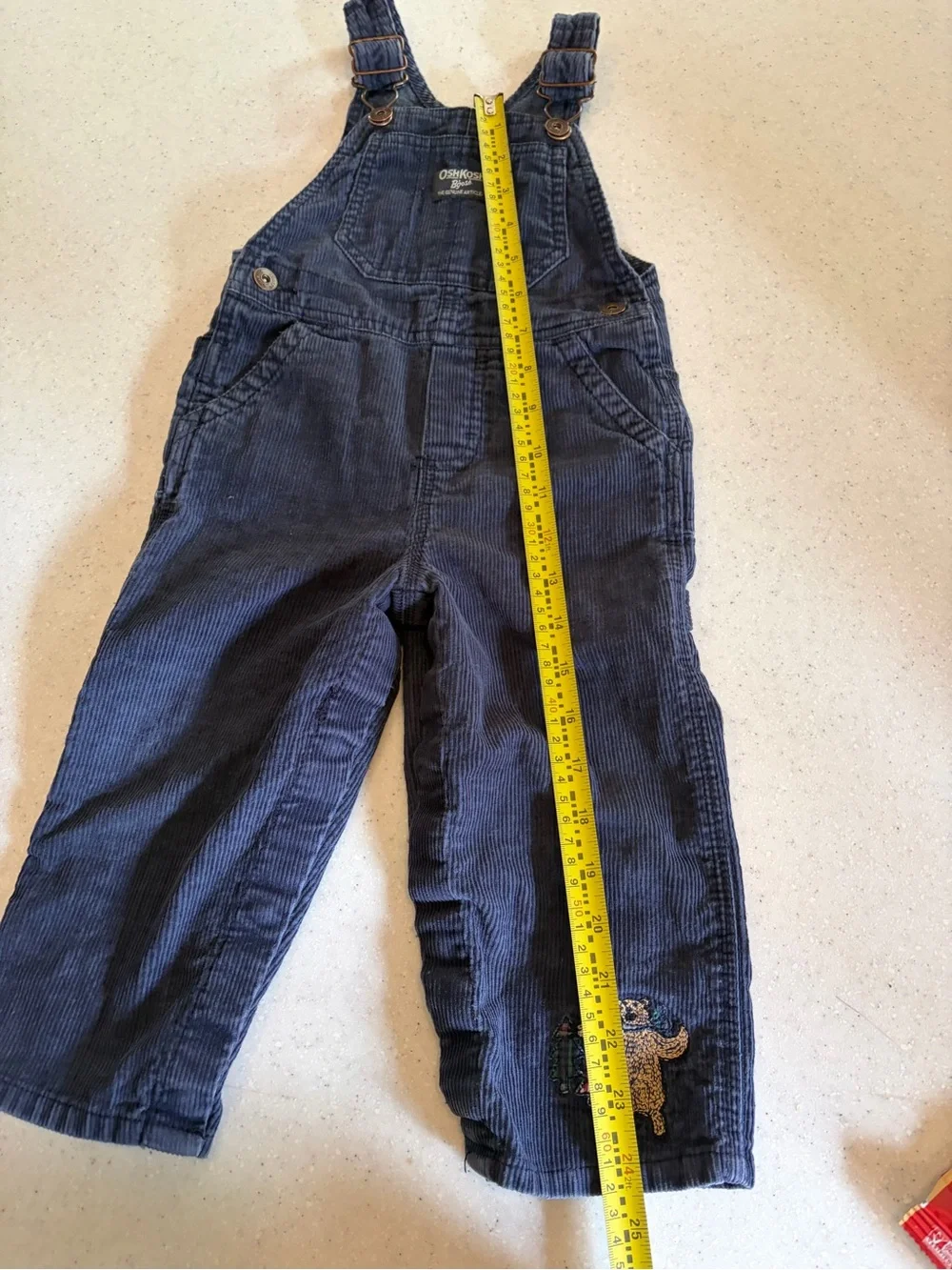 OshKosh B'gosh Sz 24M Navy Corduroy Overalls w. Embroidered Bear & Plaid Trees.